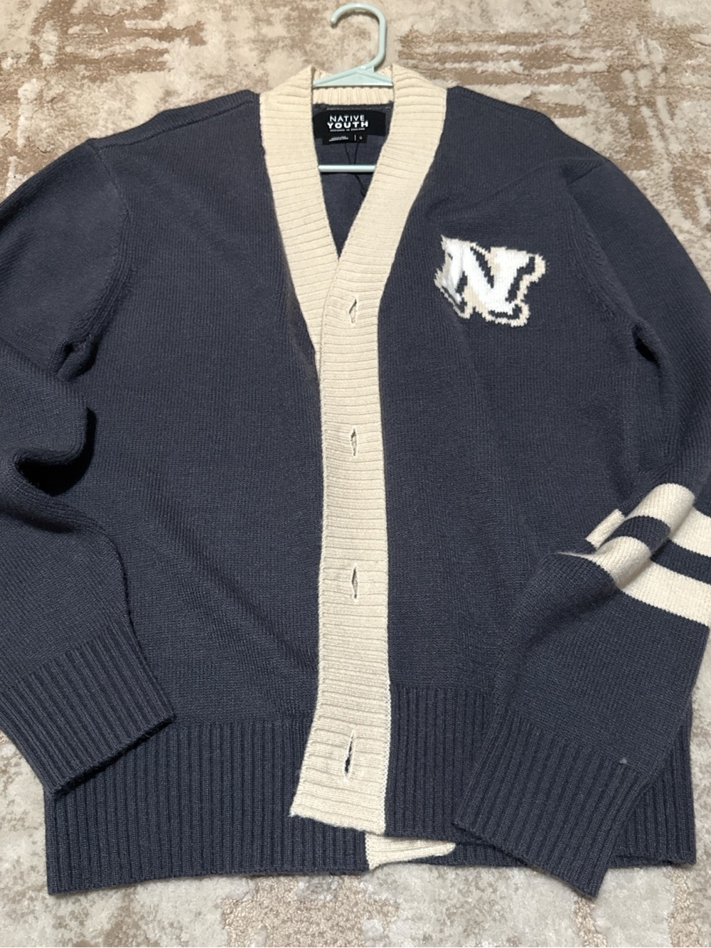 NATIVE YOUTH Navy and Cream Collegiate Knit Cardigan
